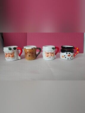 Vintage Miniature Christmas Mugs Set 4 Ceramic Santa Snowman Reindeer Mini Cups